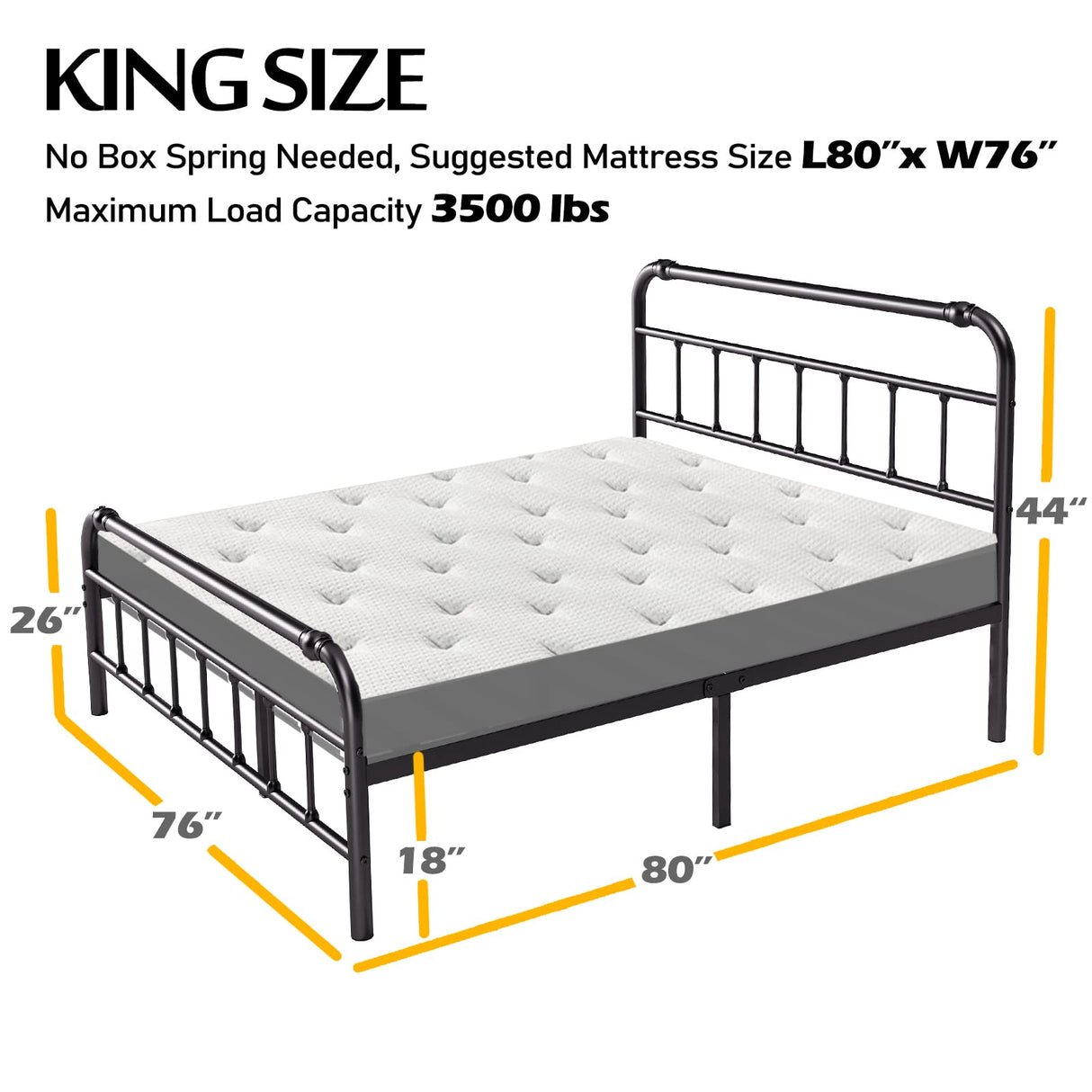 BOSRII King Size Bed Frame with Headboard and Footboard, 18 Inches High, 3500 Pounds Heavy Duty Metal Slats Support for Mattress, No Box Spring Needed,Noise-Free, Black BOSRII