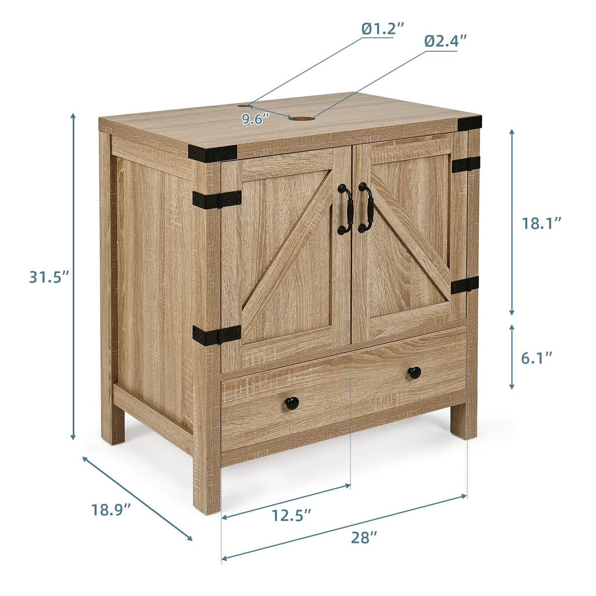 28" Natural Color Bathroom Vanity, Rustic Fixture Standing Pedestal Cabinet with White Ceramic Sink SOLIDEE