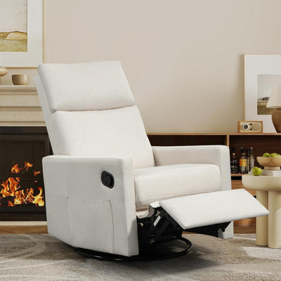 LONWIK Swivel Rocker Recliner Chair for Adults, Upholstered Nursery Rocking Glider with Adjustable Footrest, Lay Flat Recliner Single Lazy Sofa for Living Room, Beige