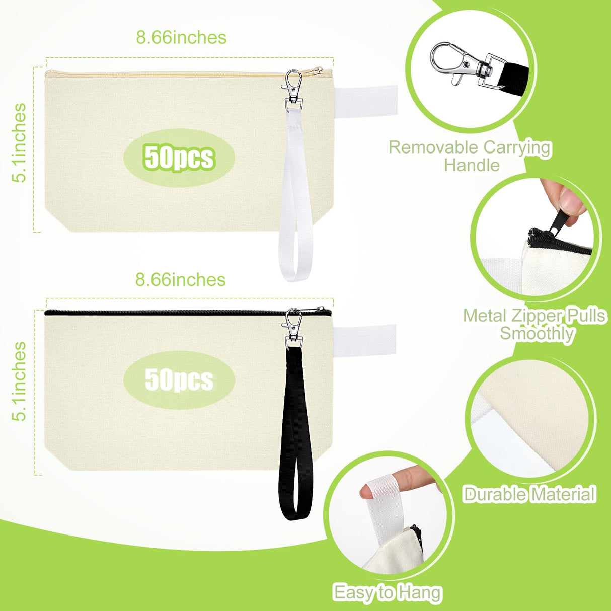 Gejoy 100 Pack Sublimation Blank Canvas Cosmetic Bags Bulk DIY Heat Transfer Makeup Bags With Wristband Lanyard Zipper Cosmetic Bags Pencil Bag for Multipurpose Printing Bag Decor, 8.66 x 5.12 inch Gejoy