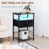 LOAKEKEL Night Stand Set 2, LED Nightstand with Charging Station, End Tables with Fabric Drawer for Small Spaces, Bedside Table with Storage Shelf for Bedroom, Black, HETS01BK LOAKEKEL