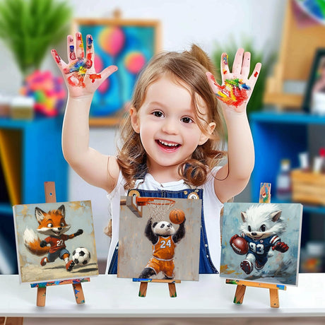 4 Pack Paint by Numbers Kit for Kids, Animals Color by Number Painting Kits for Kids Ages 8-12 Sports Paint by Numbers with Framed Canvas Children DIY Paints by Number Kits for Beginners 8x8 Inch AILIBUT