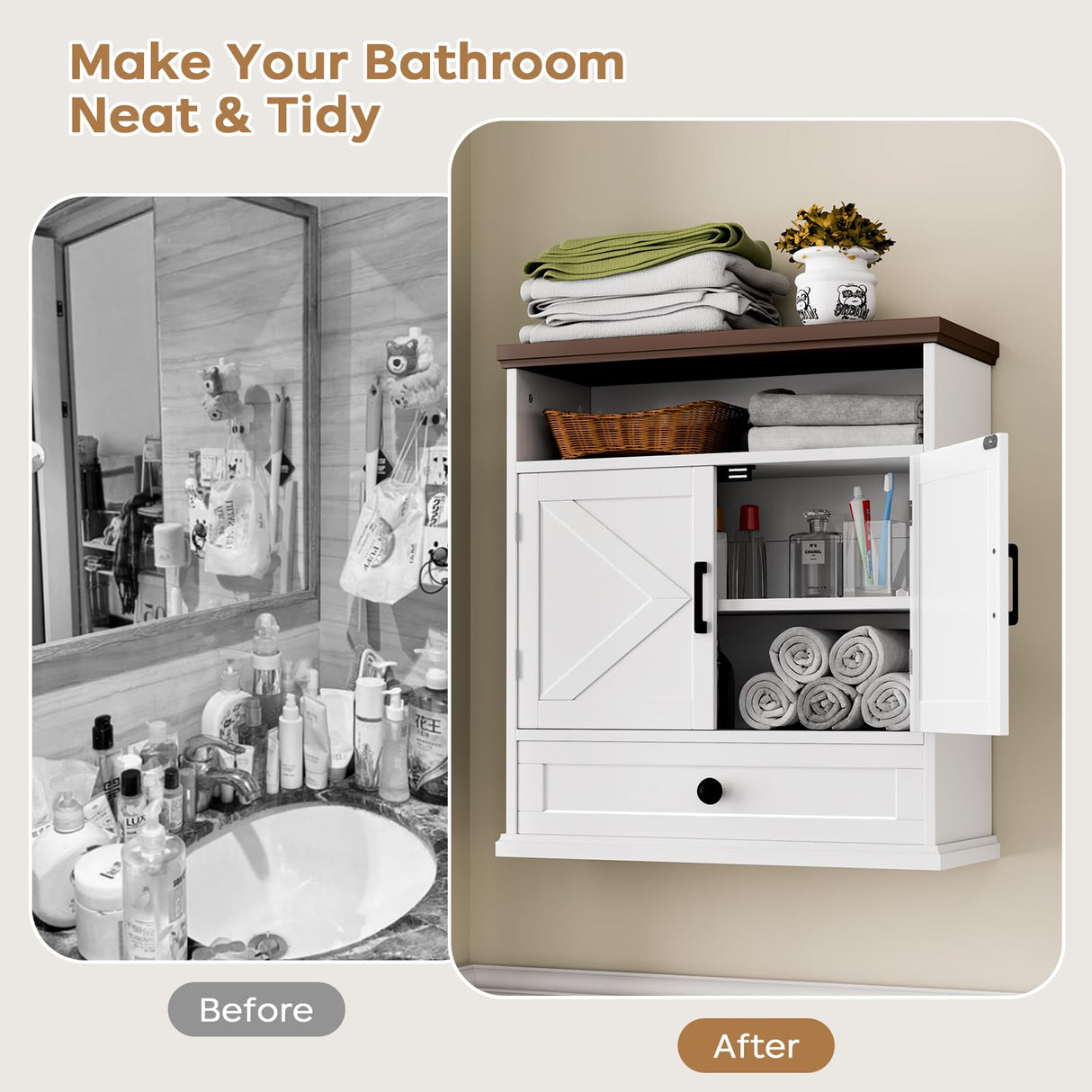 Bathroom Wall Cabinet, Farmhouse Wall Mounted Medicine Cabinet with Drawer, Barn Doors and Adjustable Shelf, 25"H x 23.6"W x 9"D White Over Toilet Storage Cabinet for Kitchen, Laundry Room, Entryway Viroformo