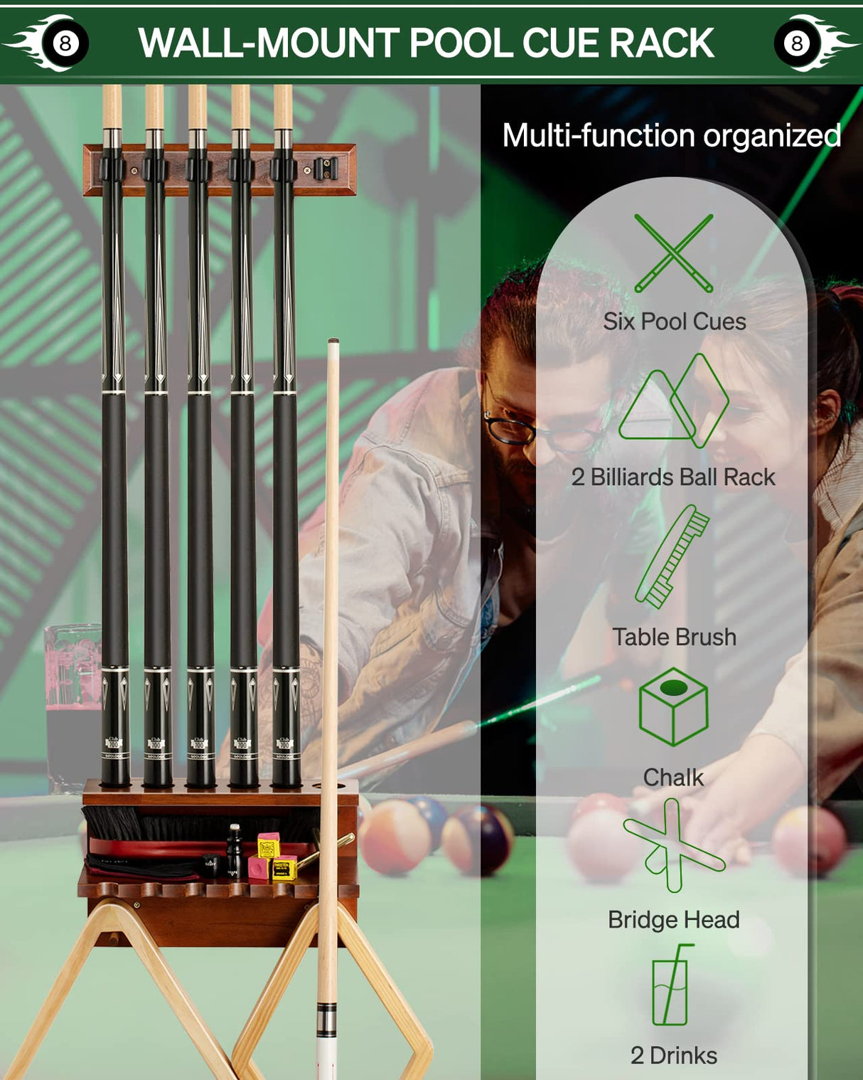 EXTCCT Wall Mount Pool Stick Holder - Billiards Pool Cue Rack Hardwood Pool Cue Set Holder for 6 Cues Sticks Storage Pool Table Accessories Equipment Organizer EXTCCT