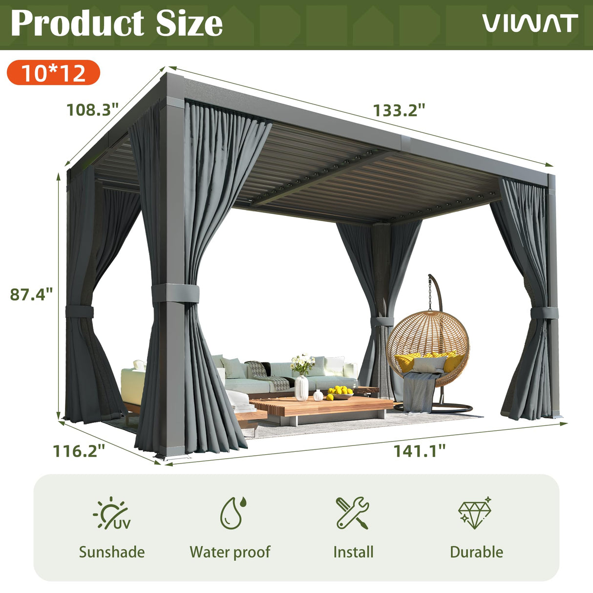 VIWAT Aluminum 10x12 FT Louvered Pergola, Outdoor Pergola with Adjustable Louvered Roof Outdoor Patio Shade Cover, Waterproof & Rustproof Aluminum Gazebo for Backyard and Garden, Gray VIWAT