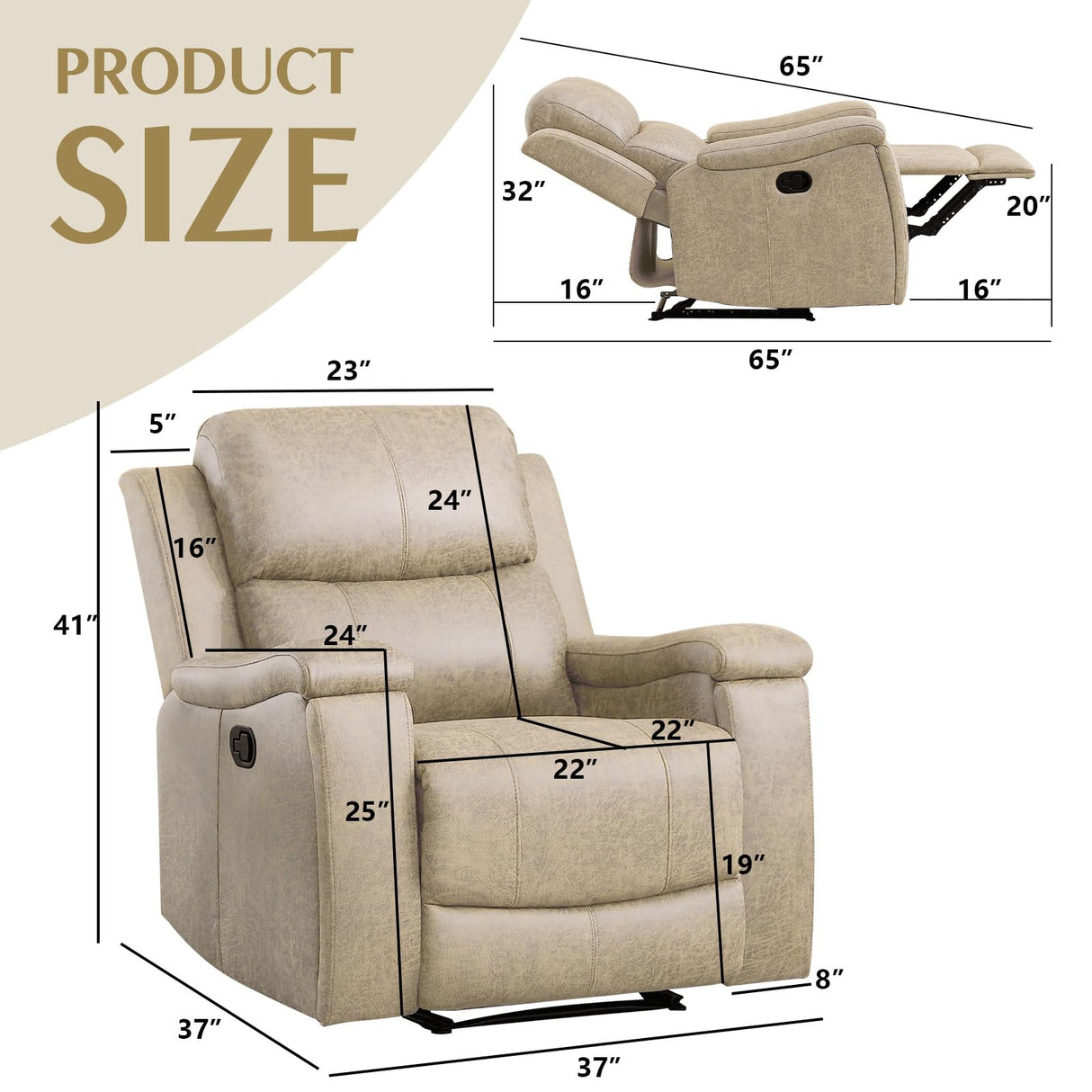 CANMOV Leather Recliner Chair Set of 2, Classic and Traditional Manual Recliner Chair with Overstuffed Arms and Back, Manual Single Sofa with Concealed Cup Holders,Beige CANMOV