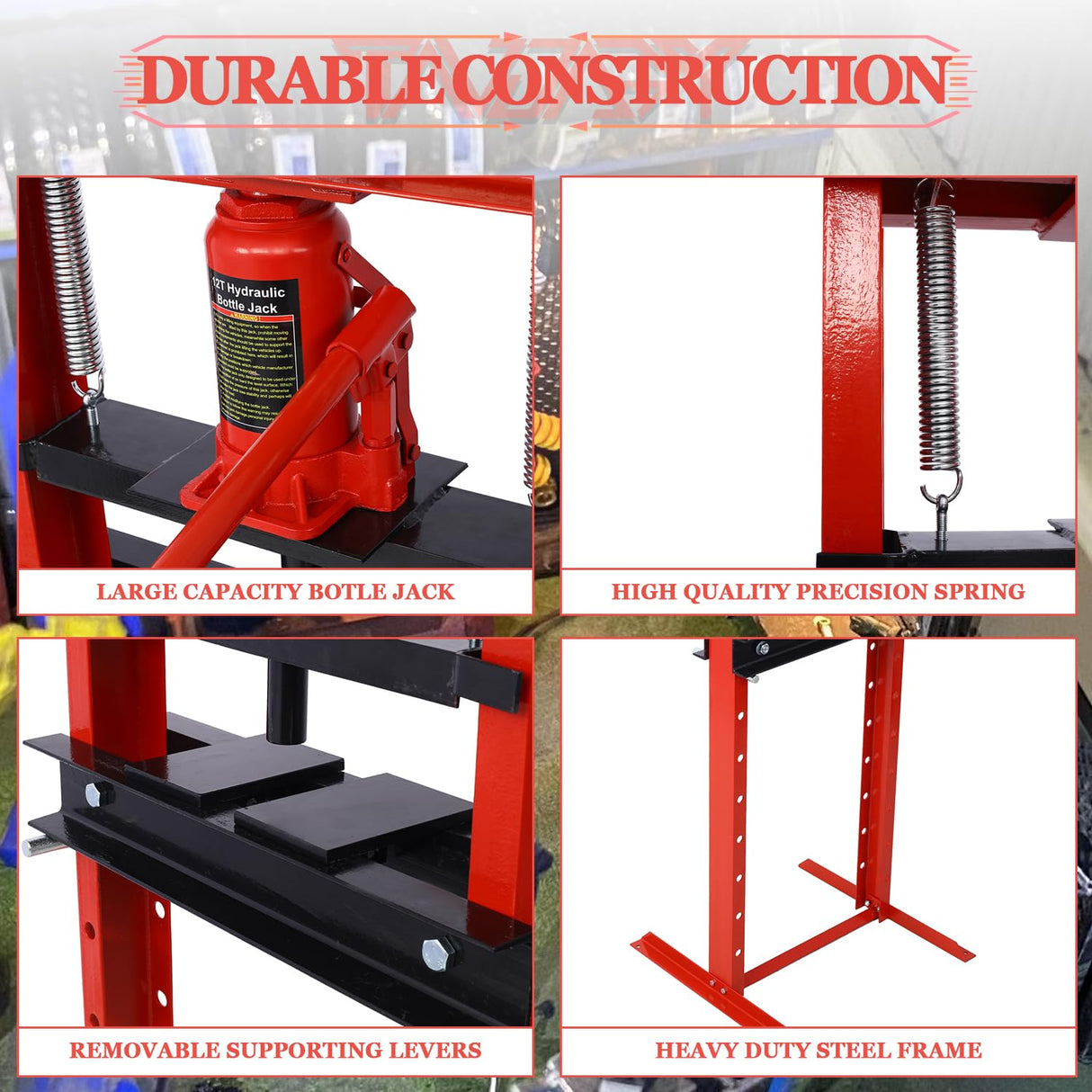 Tandagy 12 Ton Hydraulic Shop Press with Press Plates Heavy Duty Shop Press H-Frame Floor Mount Hydraulic Shop Press Adjustable Hydraulic Press (Red) Tandagy