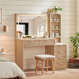 LEYAOYAO Vanity Desk with Mirror and Lights, 43.5'' Fluted Makeup Vanity with 6 Drawers and Adjustable Shelves, Natural Wood Make Up Vanity Dressing Table with Glass Top and Power Outlet for Bedroom LEYAOYAO