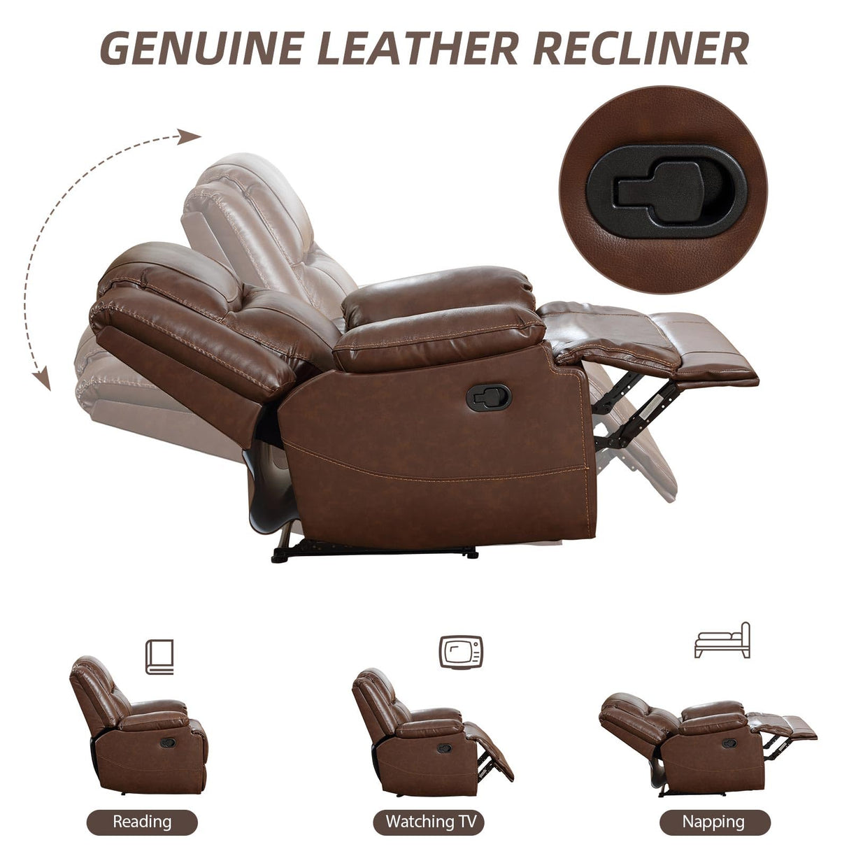 EBELLO Genuine Leather Manual Recliner Chair, Reclining Sofa Chair Couch for Living Room, Overstuffed Armrest and Padded Seat, Bedroom Furniture, Meeting Room, Brown EBELLO