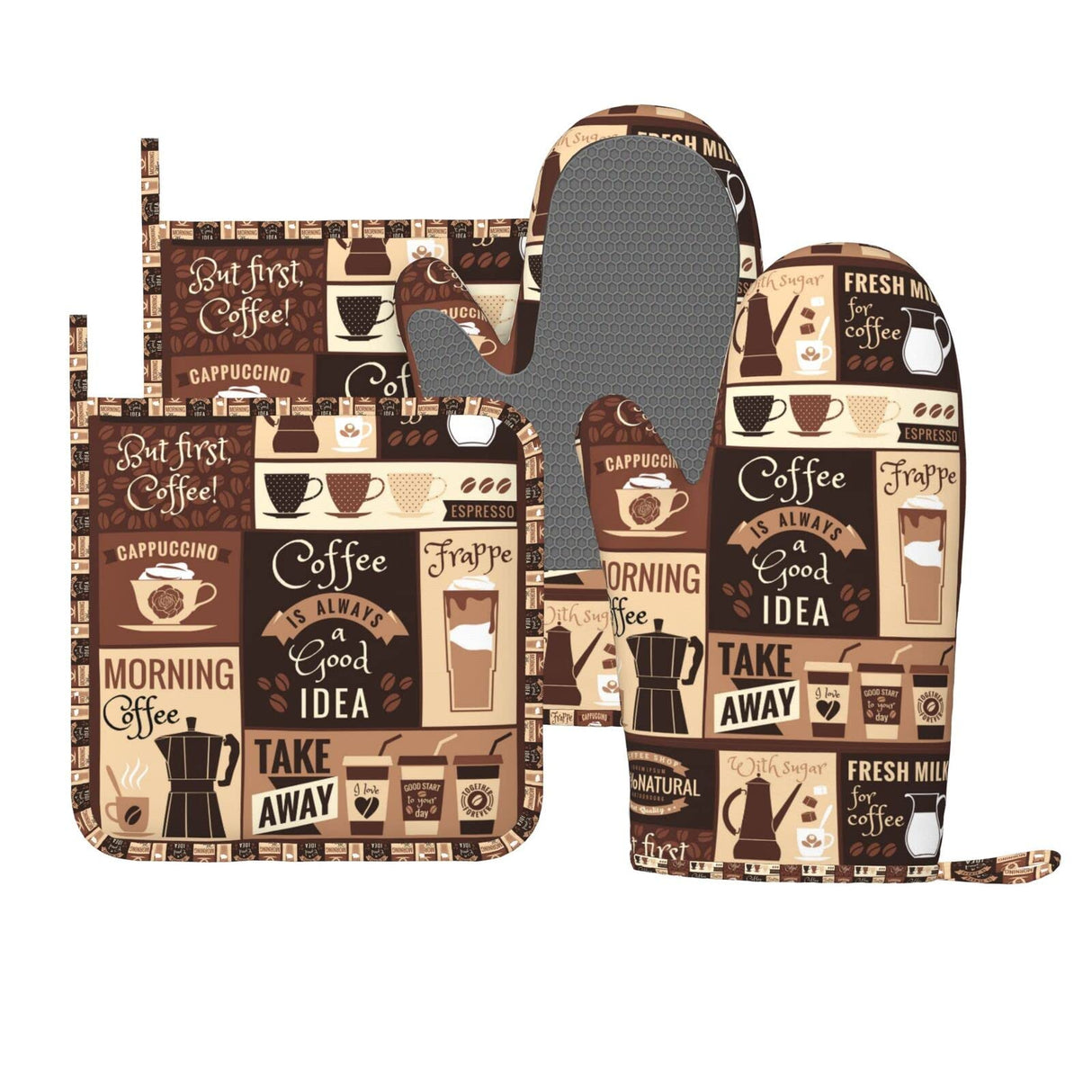 Oven Mitts Pot Holders Set Coffee Pattern Silicone Modern Art Kitchen Gloves Potholders Heat Resistant for Chef Baking Cooking Grilling BBQ 4 Pack Mitt SUPLUCHOM