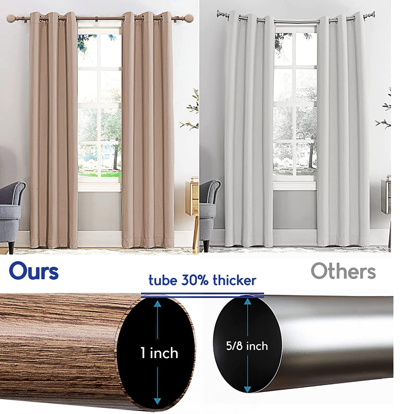 Wood Curtain Rods for Windows: 1 Inch Diameter Adjustable Drapery Rods 48" to 86",2 Pack Curtain Rods with Imitation Wood Grain Leaf Pattern Finials - WoodArtSupply