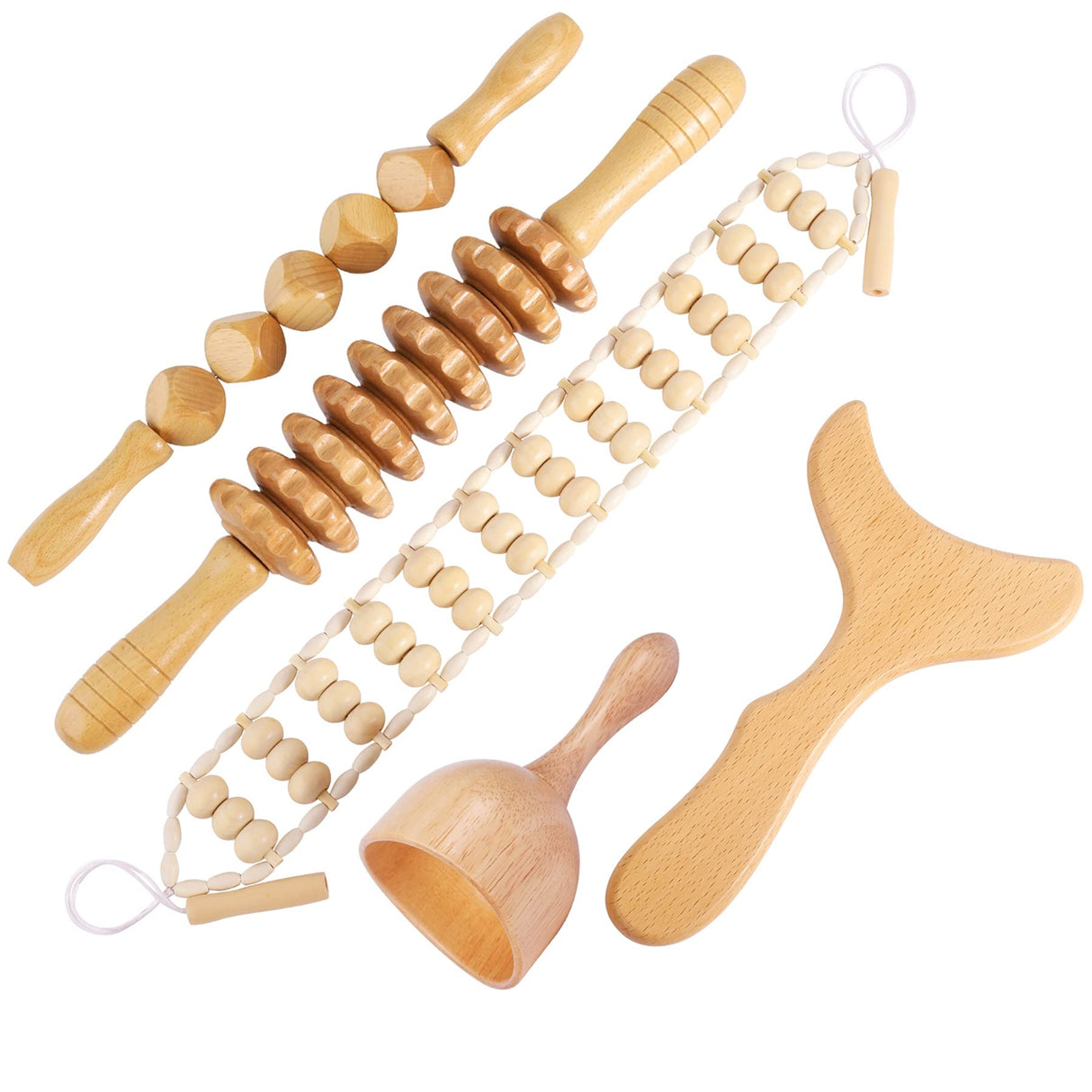 OYHMC Wood Therapy Massage Tools Professional Maderoterapia Kit Body Sculpting Tools for Lymphatic Drainage and Anti-Cellulite.Wood Massager Roller Rpoe for Back and Muscle Pain Relief (5pcs) OYHMC