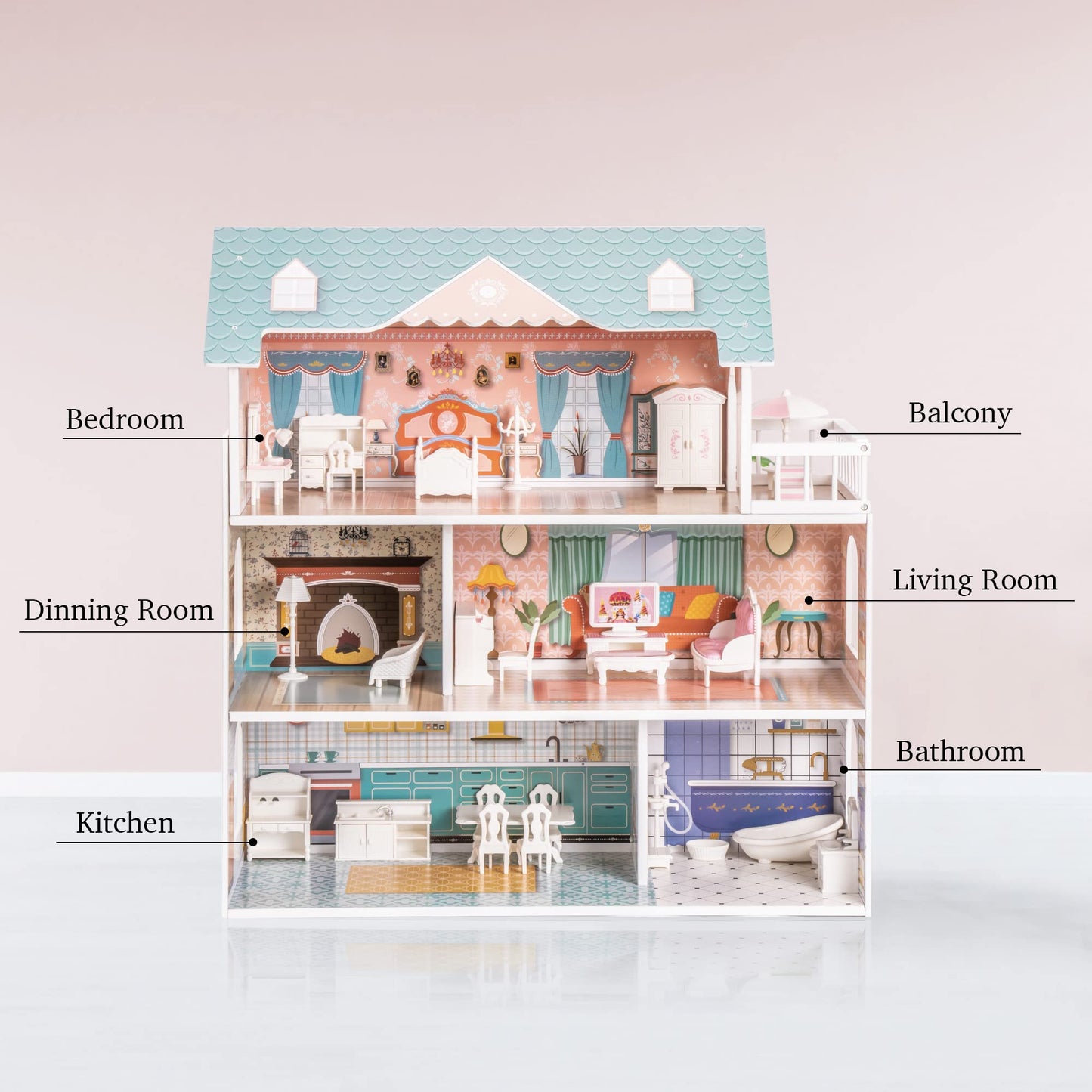 ROBOTIME Doll House Wooden Dollhouse for Kids 3 4 5 6 Years Old, Doll House w/28PCS Furniture Plastic, for 3.3”Dolls, Birthday Presents for Toddler 3+