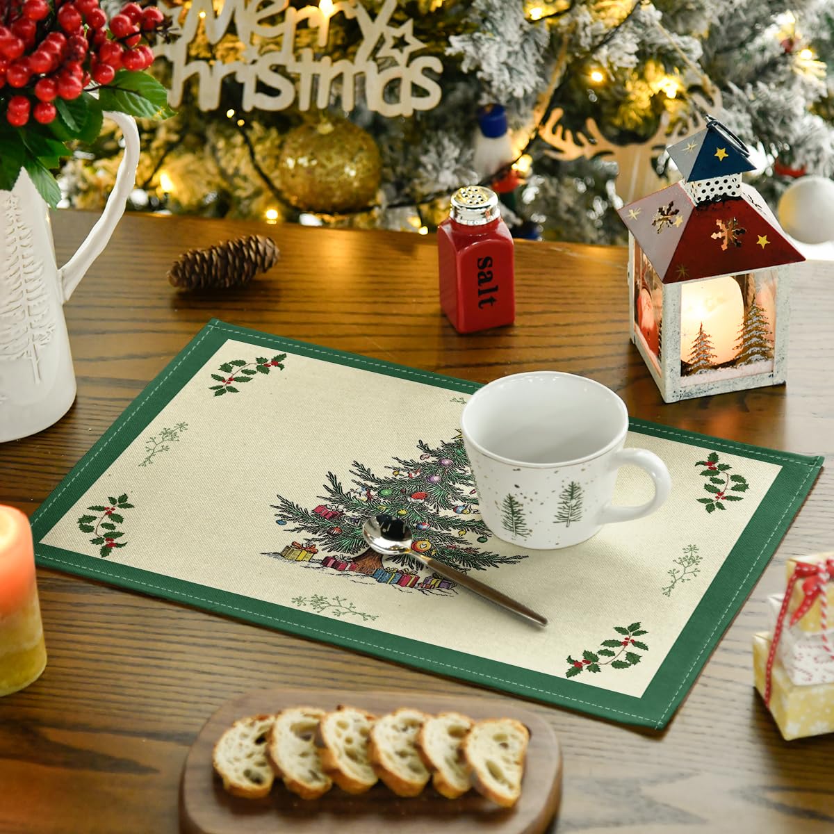 Artoid Mode Xmas Pine Winter Placemats Set of 4, 12x18 Inch Christmas Table Mats for Table Runner Party Kitchen Dining Decoration Artoid Mode