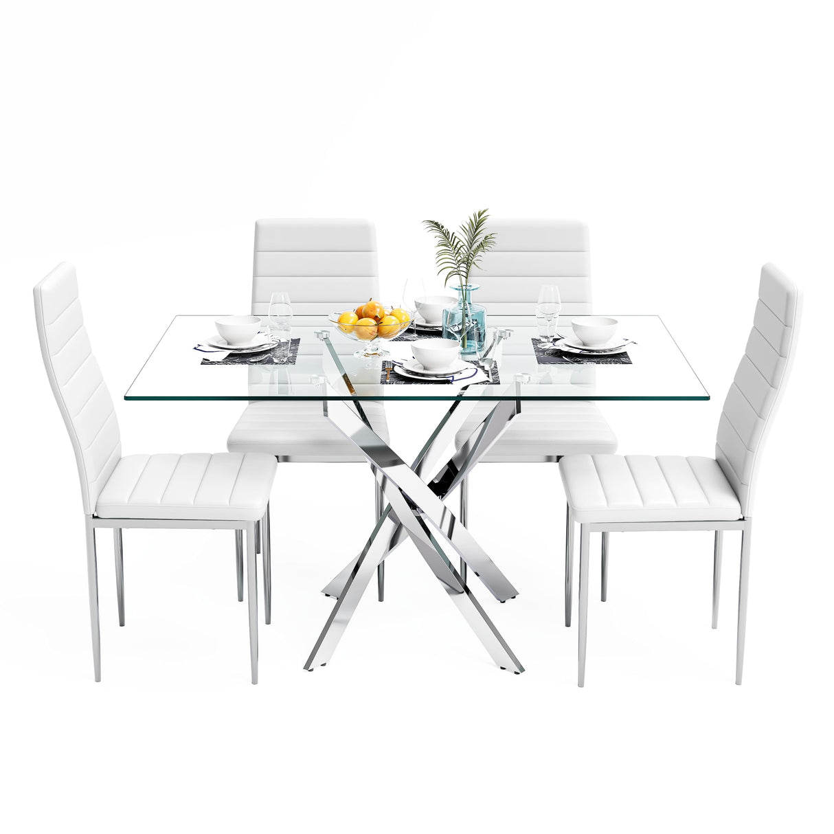 NIERN 5 Piece Dining Table Table Set, Tempered Glass Dining Table Set for 4 Kitchen Table Set with 4 Upholstered Chairs for Kitchen Dining Room (Sliver Table with White Chair) NIERN