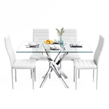 NIERN 5 Piece Dining Table Table Set, Tempered Glass Dining Table Set for 4 Kitchen Table Set with 4 Upholstered Chairs for Kitchen Dining Room (Sliver Table with White Chair) NIERN