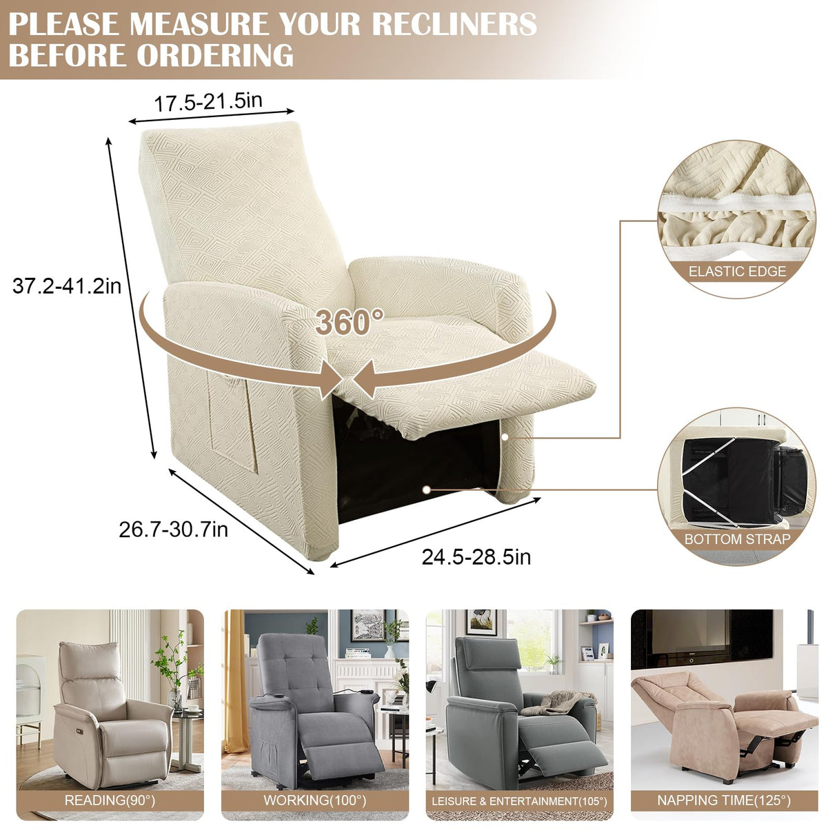 SearchI Recliner Chair Cover Jacquard Chair Covers 4 Piece, Small Recliner Sofa Slipcover for Home Theater Seating with Elastic Bottom, Recliner Protector with Pocket for Recliners, Beige SearchI