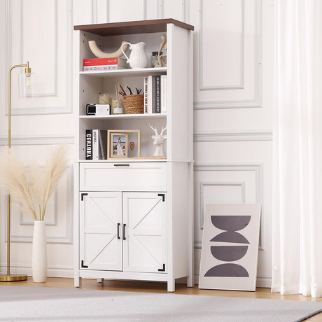 Garvee 72" Tall 6-Tier White Farmhouse Bookshelf with Doors – Display Cabinet with Drawer and Adjustable Shelves for Study, Living Room and Bedroom Garvee