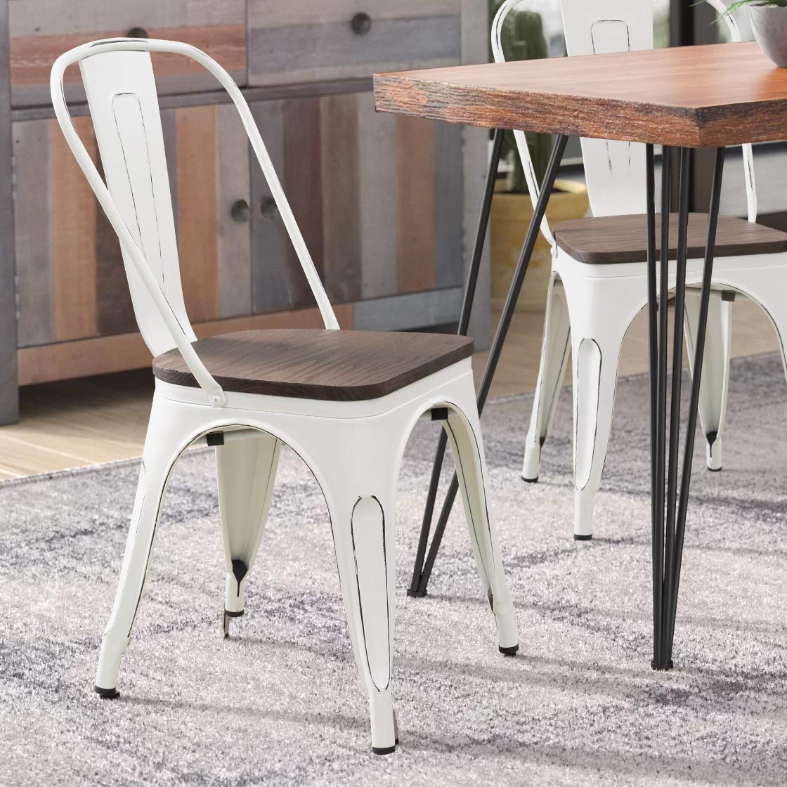 Furniwell Metal Dining Chairs with Wood Seat, Indoor Outdoor Use Stackable Tolix Industrial Metal Chairs Set of 4 for Kitchen, Dining Room, Bistro and Cafe (White) - WoodArtSupply