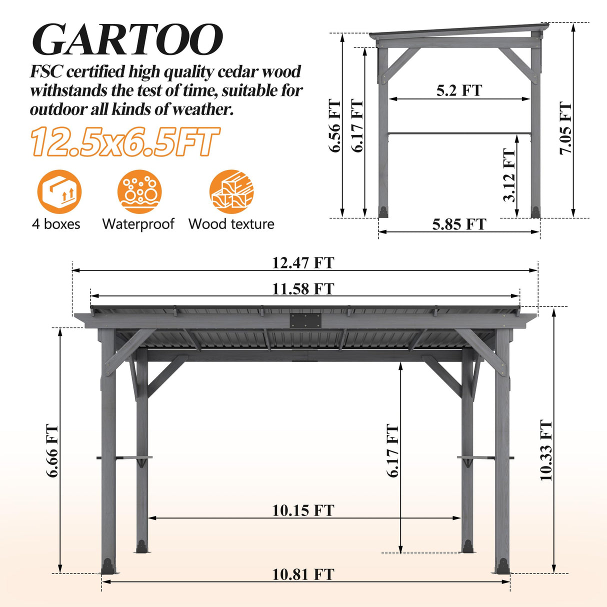 GARTOO 12.5'x6.5' Outdoor Grill Gazebo - Hardtop Cedar Wood Gazebo with 2 Side Shelves and Galvanized Steel Roof, Patio Wooden BBQ Pergola for Garden, Porch and Backyard GARTOO