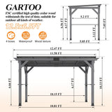 GARTOO 12.5'x6.5' Outdoor Grill Gazebo - Hardtop Cedar Wood Gazebo with 2 Side Shelves and Galvanized Steel Roof, Patio Wooden BBQ Pergola for Garden, Porch and Backyard GARTOO