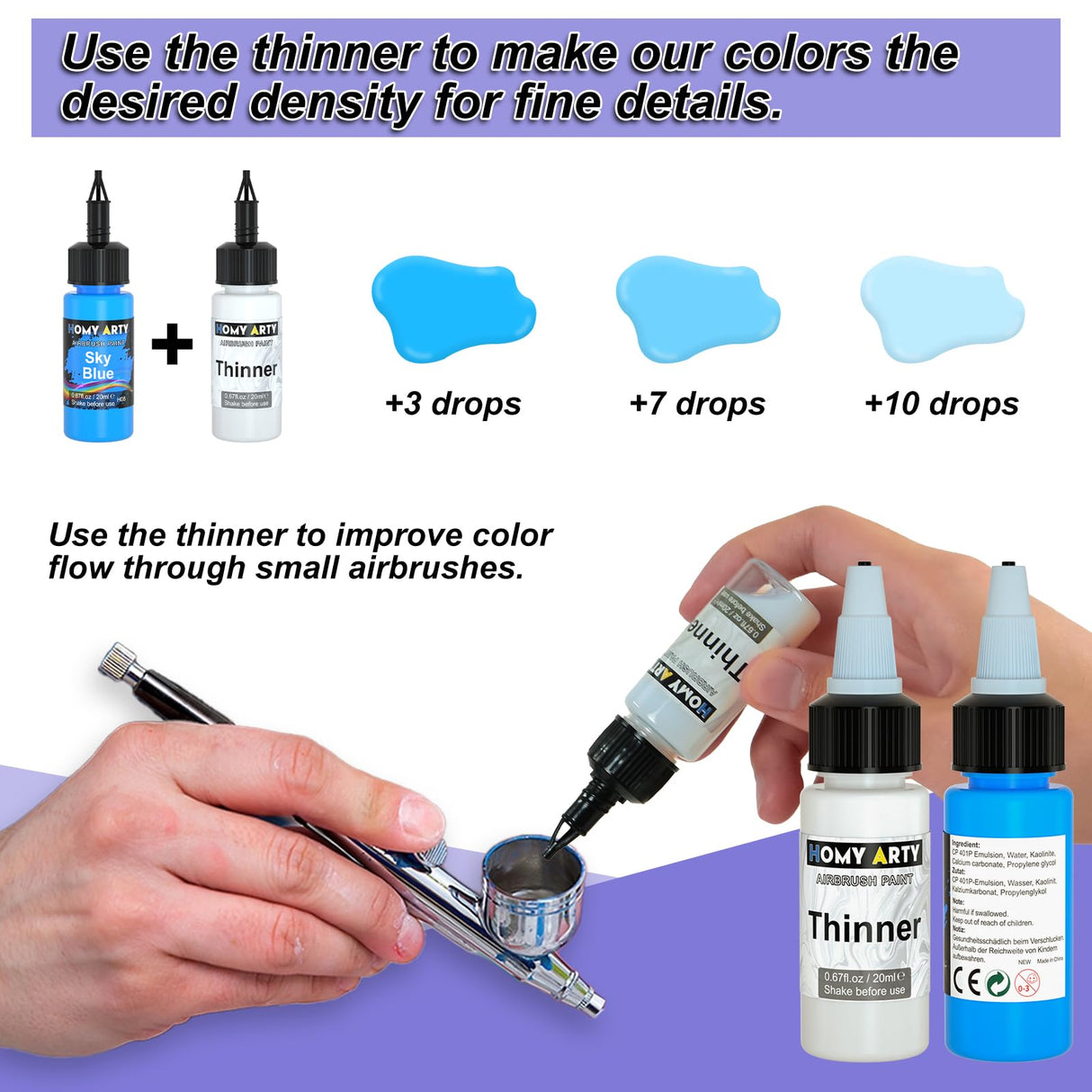 HOMY ARTY Airbrush Paint - 16 Colors with 2 Thinner, Ready to Spray, Water-Based, Acrylic Air Brush Paints for Metal, Plastic Models, Canvas, Wood - 18 Bottles HOMY ARTY