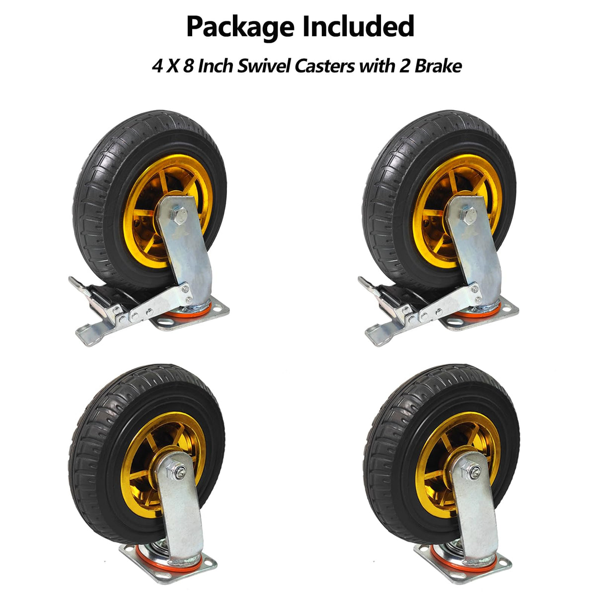 GaeaAuto 8 Inch Heavy Duty Casters Wheels Set of 4 Swivel Industrial Casters Rubber Wheels Tires for Cart Bench Shop Dolly Outdoor Wheels Replacement with 2 Brake and 3000Lbs Load Capacity, 4 Pack GaeaAuto