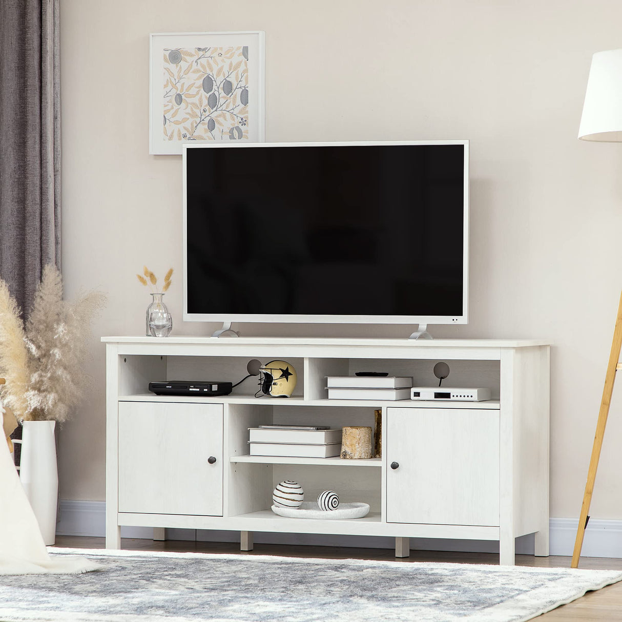 HOMCOM TV Stand for 65 Inch TVs, TV Cabinet with Wooden Shelves and Doors, Entertainment Center for Living Room, Bedroom, White HOMCOM