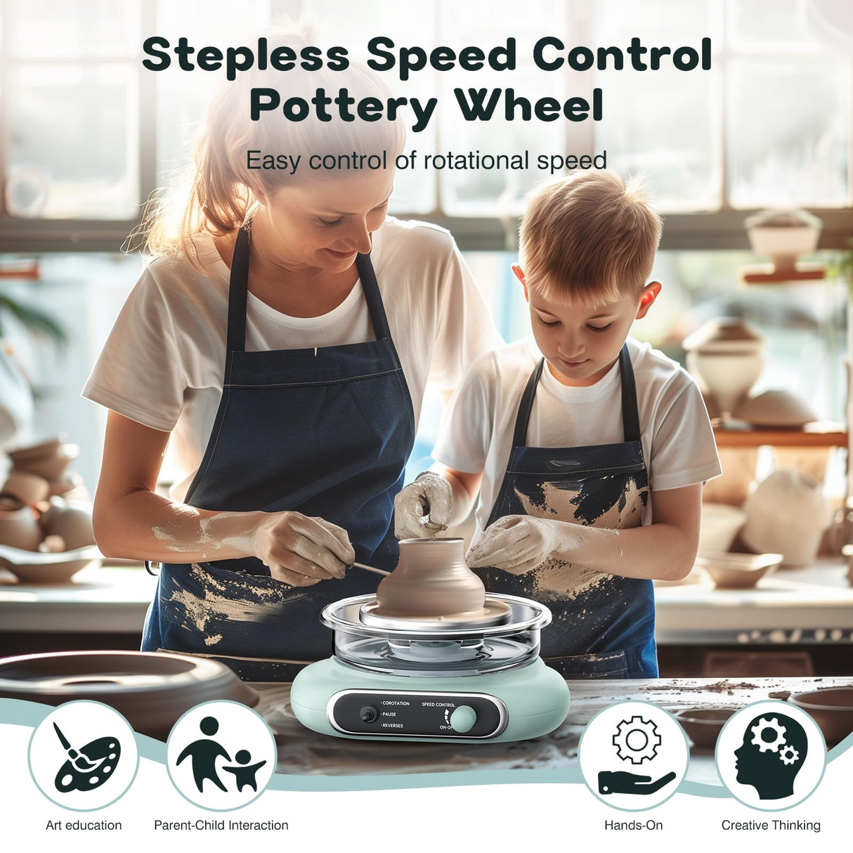 Alldeer Mini Pottery Wheel Kit - 4.7" Turntable Electric Clay Wheel with Foot Pedal, Adjustable Speed Ceramic Making Machine with 8 Pottery Shaping Tools, Craft Kits for Kids Alldeer