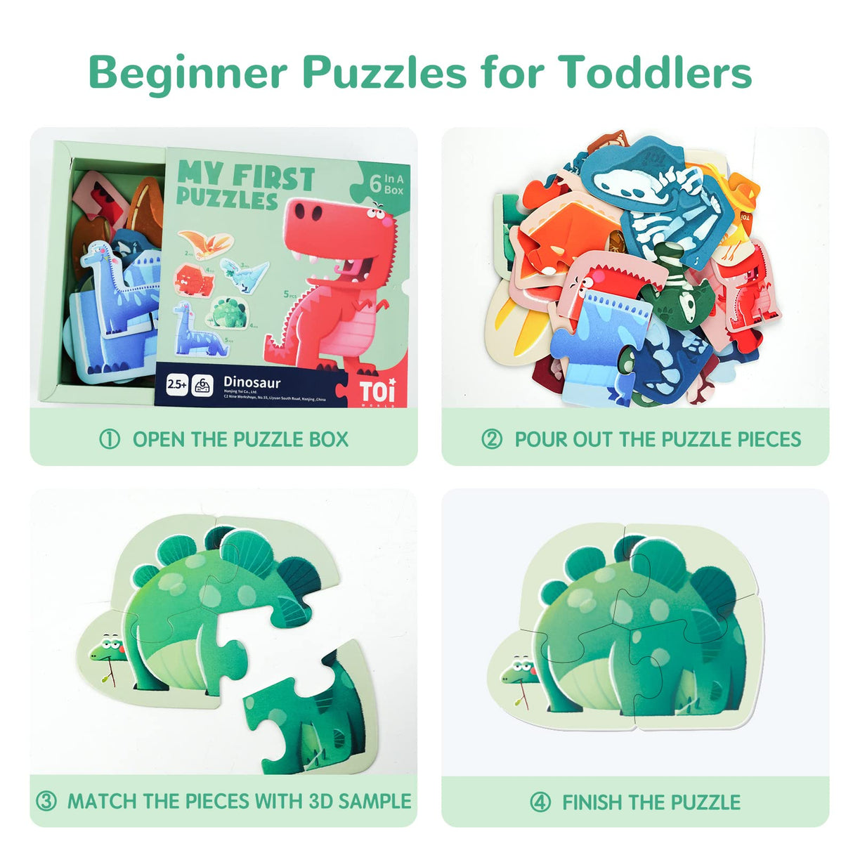 Toi 6 Packs Large Piece Toddler Jigsaw Puzzles for Kids Aged 2.5+, Animal Shaped Floor Puzzles for Beginner, Preschool Learning Game for Boys Girls, Dinosaur Toi