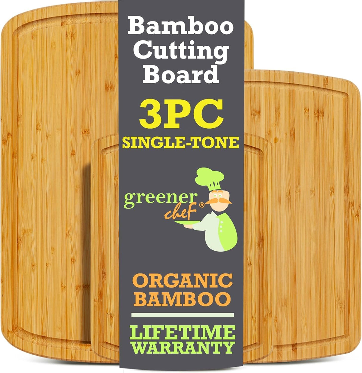 GREENER CHEF Organic Bamboo Cutting Board Set of 3 with Lifetime Replacements - 62% More Cutting Area, Single Tone Wood Chopping Boards with Juice Groove for Meat, Vegetables, and Cheese Greener Chef