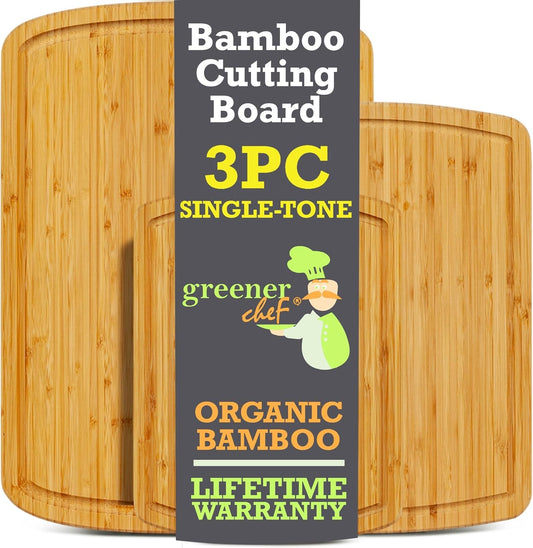 GREENER CHEF Organic Bamboo Cutting Board Set of 3 with Lifetime Replacements - 62% More Cutting Area, Single Tone Wood Chopping Boards with Juice Groove for Meat, Vegetables, and Cheese