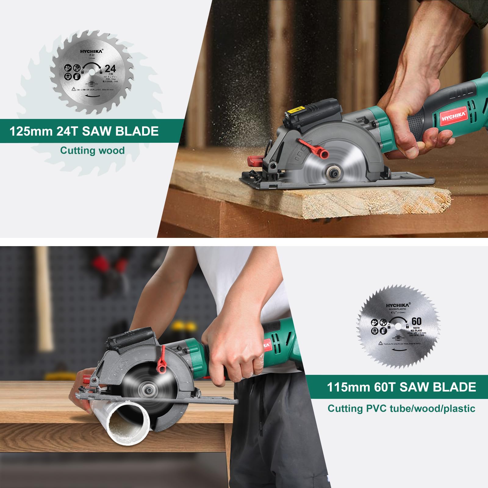 HYCHIKA Cordless Circular Saw, 18V Mini Circular Saw with 4.0Ah Battery, 3 Blades(4-1/2",4-9/10"), 3500RPM Max Cuting Depth:90°(48mm)/45°(32mm), Compact Circular Saw for Wood, Plastic and Sof - WoodArtSupply