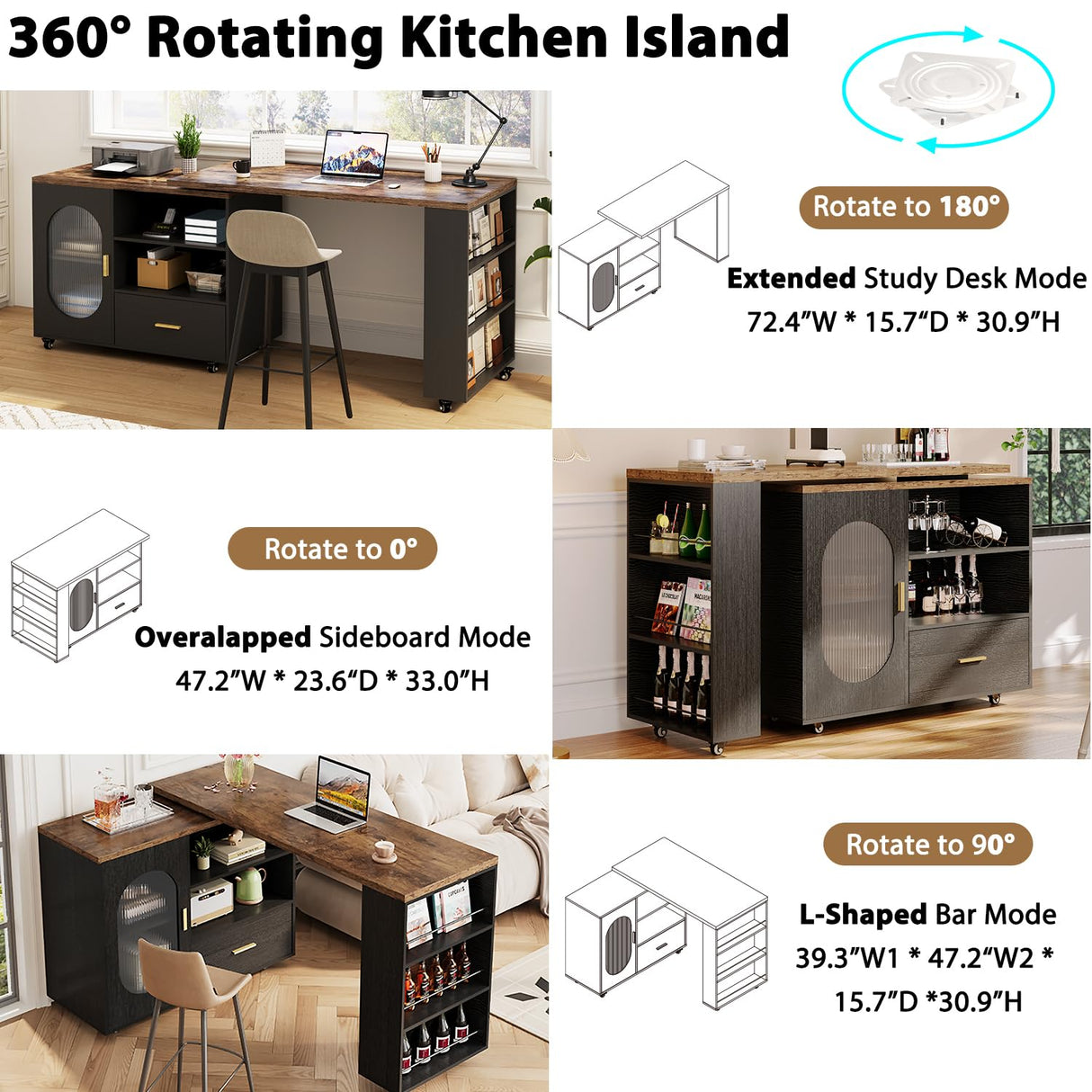 HSH 72" Rustic Kitchen Island with Storage, Mobile Farmhouse Kitchen Island Cart with Cabinet, Drawer & Shelves, Island Table on Wheels for Meal Prep, Dining Room & Home Bar, Rustic Brown & Black Oak HSH