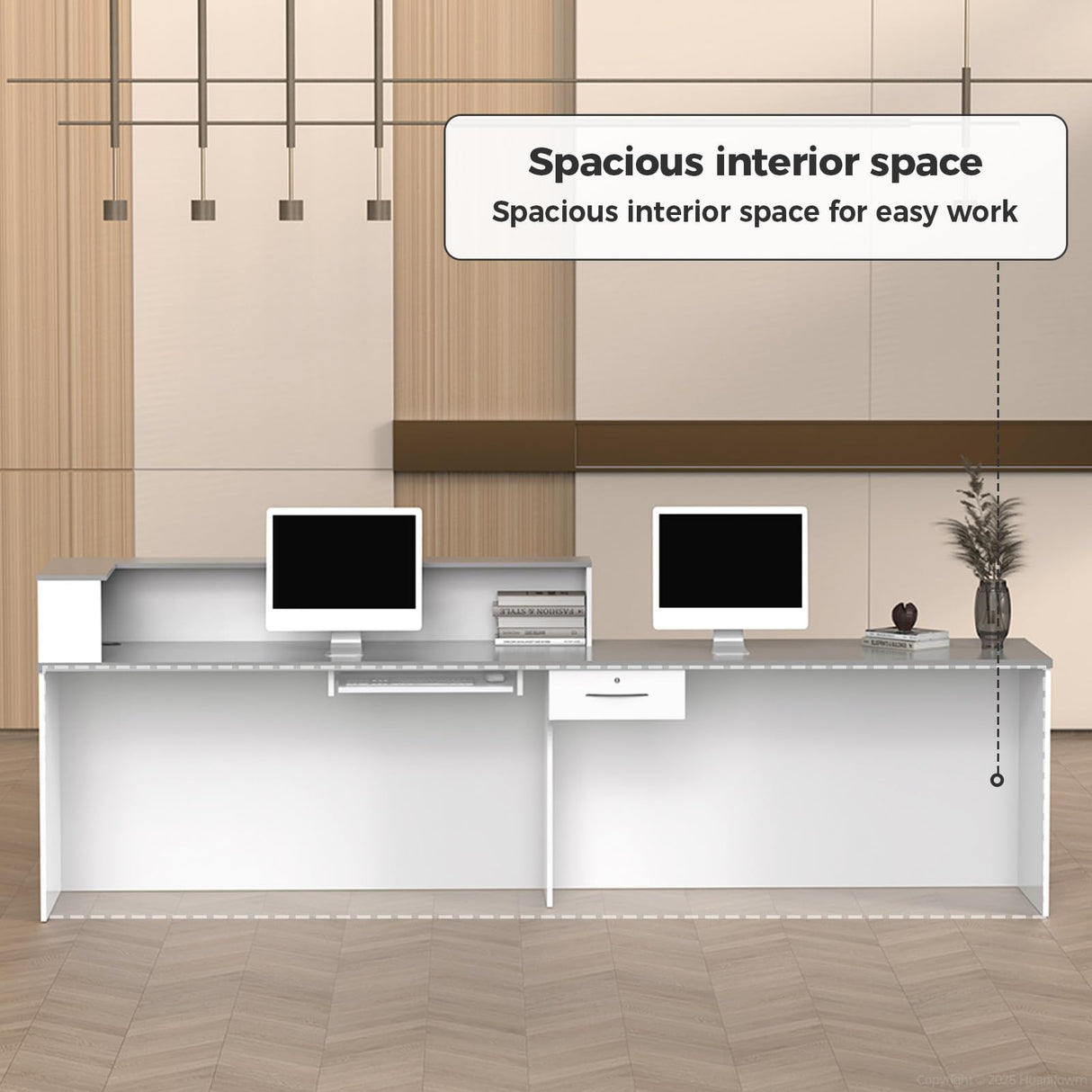 Huariifowm L Shape Reception Desk with Counter, Lockable Drawer, Keyboard Tray, and Double-Layer Storage for Salon, Office, or Clinic(White+Gray/Left, 63" L*24" W*39" H) Huariifowm