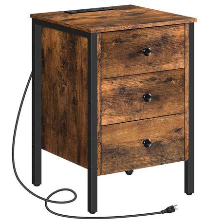 HOOBRO Nightstand with Charging Station, Side Table with 3 Drawers and Storage Shelf, End Table with USB Ports, Retro Industrial Style Bedside Table, for Living Room, Bedroom, Rustic Brown BF461BZ01G2 HOOBRO