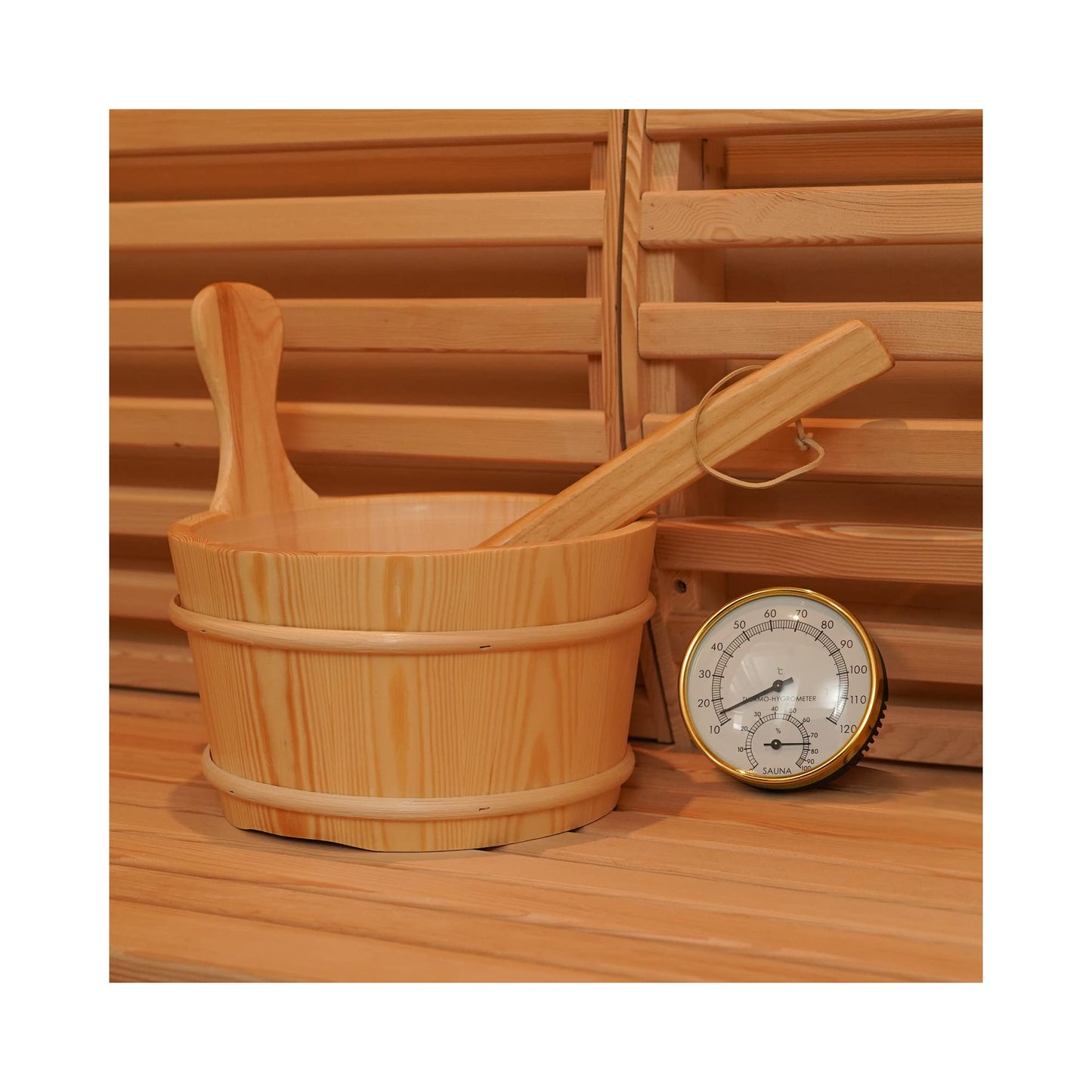 amocane Sauna Wooden Bucket and Ladle Kit, Sauna Accessories with Thermometer for Any Barrel or Steam Sauna & SPA (Hemlock Wood Color)