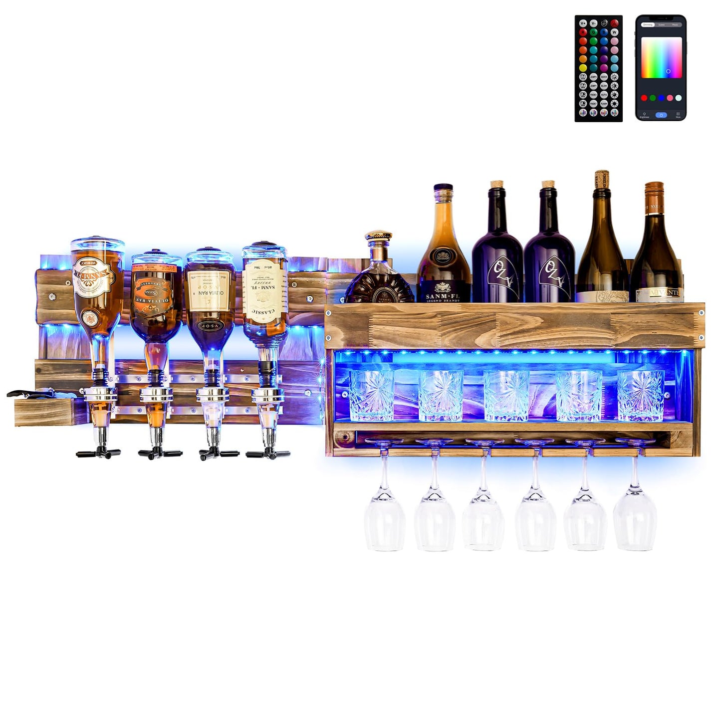 Homde Wine Rack with LED Light Wall Mounted Wood Wine Shelf with Bottle Stemware Glass Holder Rustic Wine Display Storage Rack with 4-Bottle Liquor Dispenser for Home Bar Kitchen Decor - WoodArtSupply