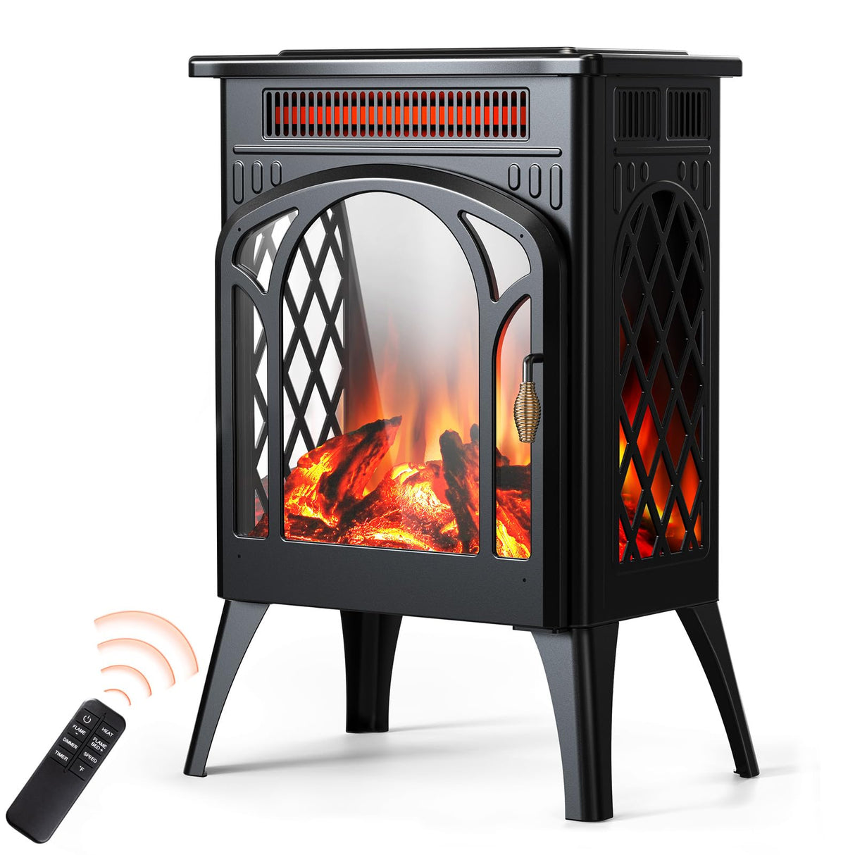 Rintuf Small Electric Fireplace Heater, 1500W Infrared Fireplace Stove with 3D Flame Effect, Adjustable Thermostat, 8H Timer, Remote Control, Freestanding Space Heaters for Indoor Use Large Room Safe Rintuf