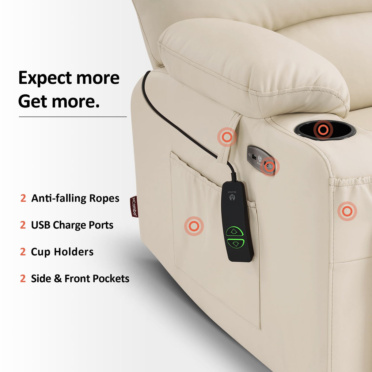 MCombo Power Lift Recliner Chair Sofa with Massage and Heat for Big Elderly People, Cup Holders, USB Ports, Side Pockets, Faux Leather R7096 (Medium-Wide, Cream White) MCombo