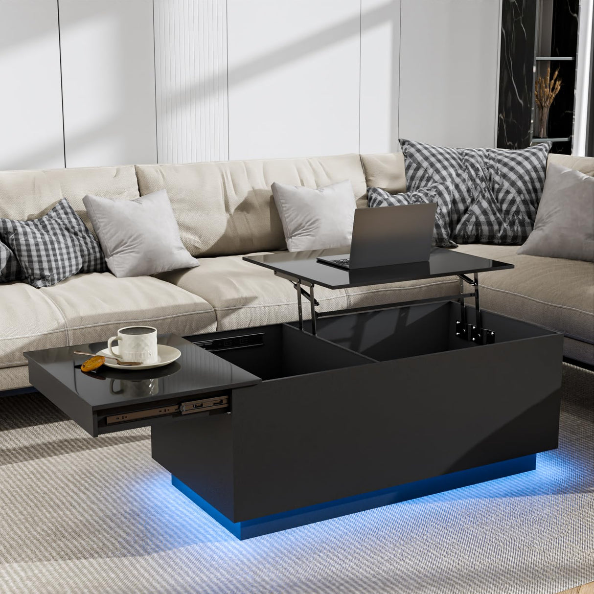 HOMMPA LED Coffee Table for Living Room Lift Top Coffee Tables with Power Outlet Black Morden Center Table with Storage Hidden Compartment High Gloss Lift Tabletop HOMMPA