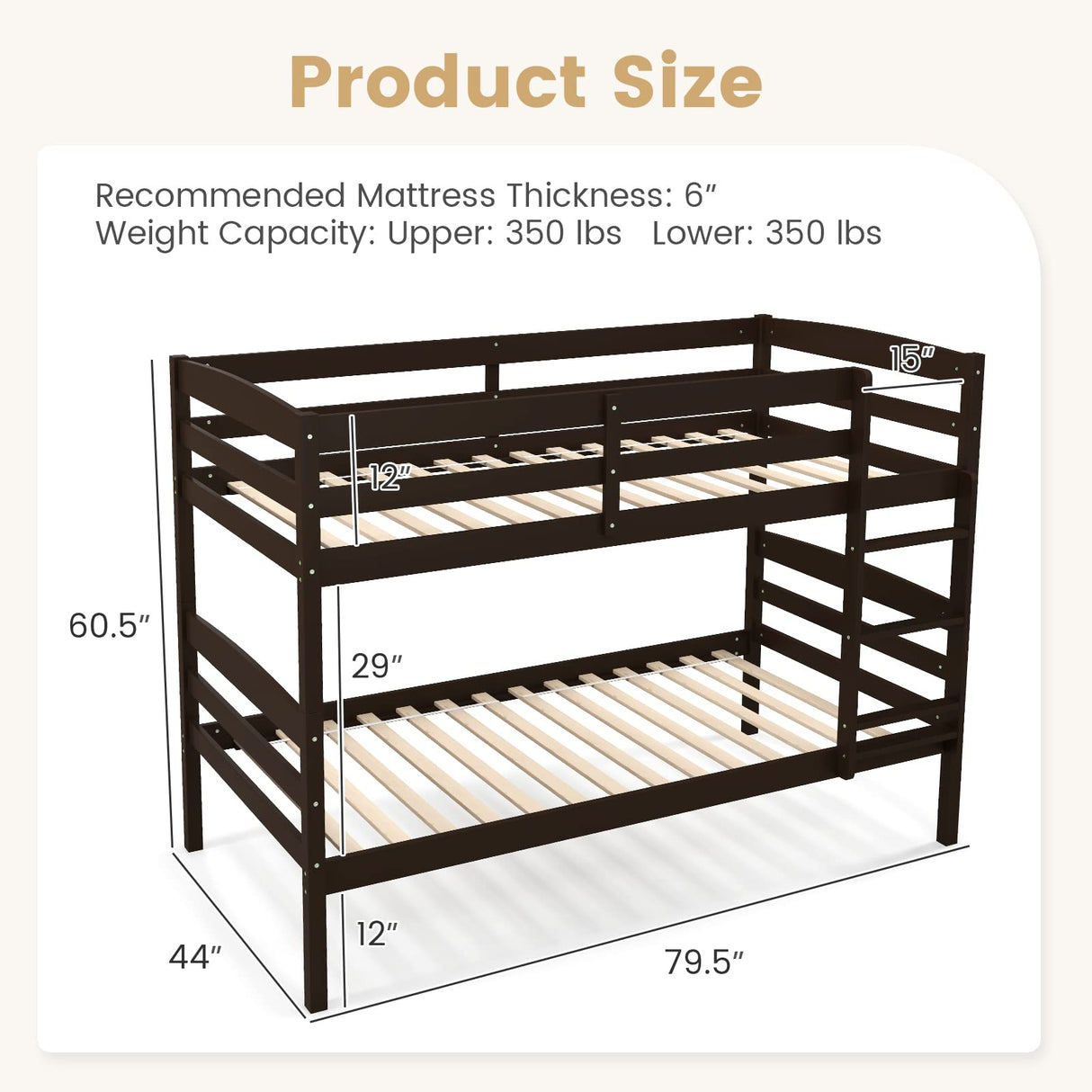 Giantex Espresso Twin Over Twin Bunk Bed with Detachable Design, High Guardrails & Integrated Ladder Giantex