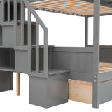 Bunk Bed Twin Over Full with Storage Staircase and 2 Drawers, Wooden Bunk Bed Frame with 4 Storage Shelves for Kids Boys Girls Teens (Gray@028) Brabrety