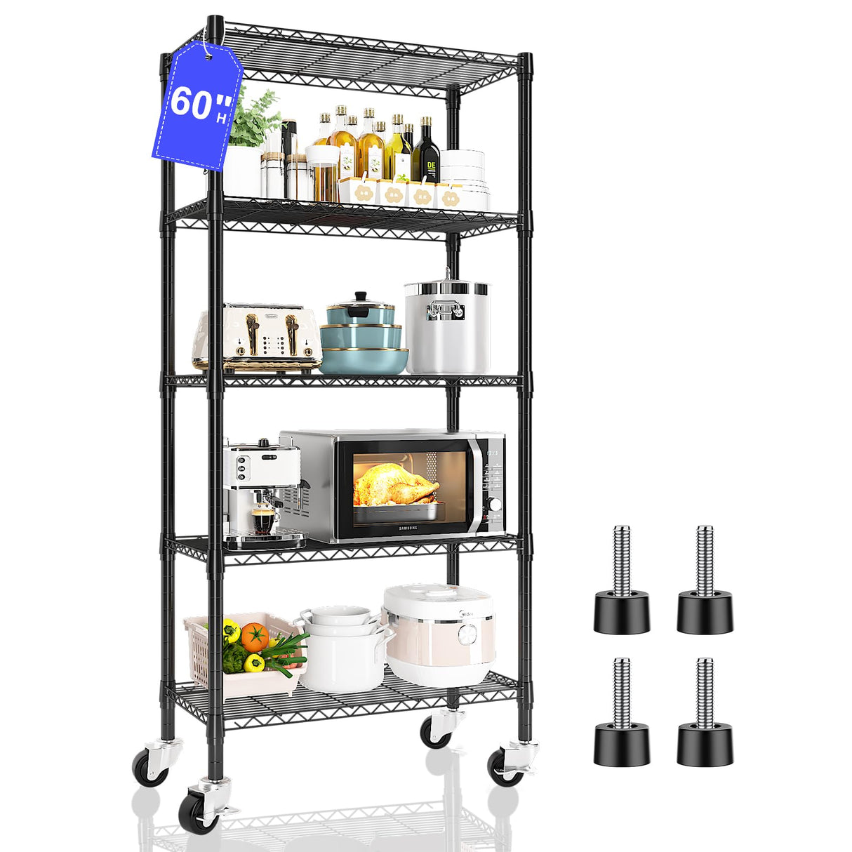 Homtell 1 PCS 5 Tier Shelving Unit Wire Rack, Heavy Duty Adjustable Shelf Rolling Storage Shelves with Wheels, 14" D x 30" W x 60" H 750 lbs Capacity Kitchen Garage Pantry Shelves for Small Spaces Homtell