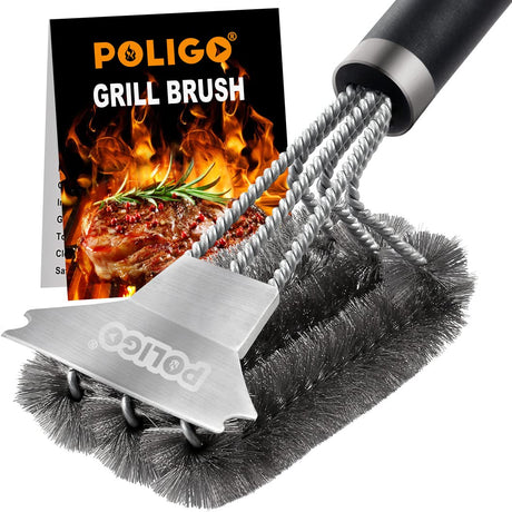 POLIGO Safe Grill Brush and Scraper with Deluxe Handle - 18" Grill Cleaner Brush Stainless Steel Bristle Grill Brush for Outdoor Grill Wizard Grate - BBQ Brush for Grill Cleaning Ideal Grilling Gifts POLIGO