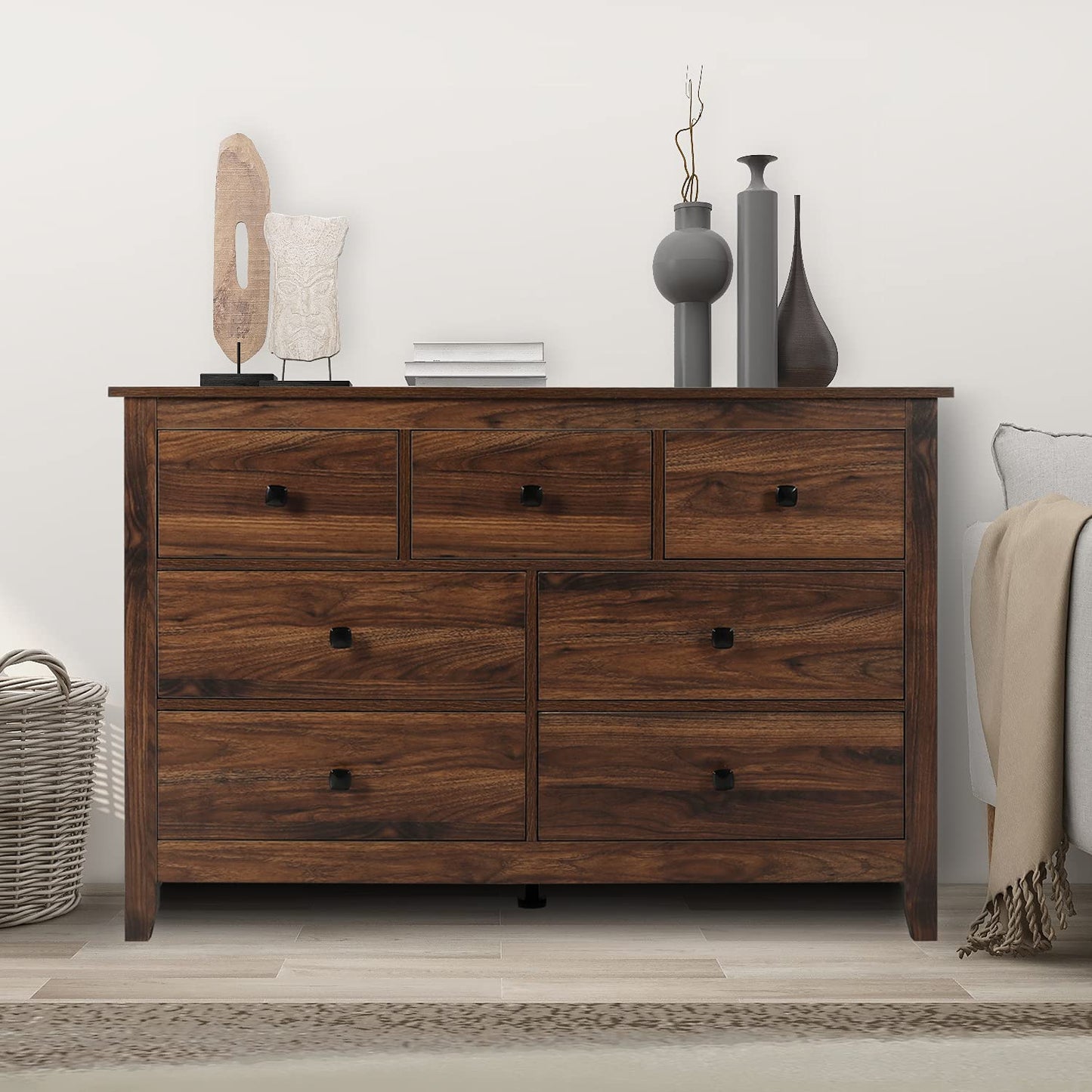 LTMEUTY Bedroom Dresser - Wooden Dresser for Bedroom, 7 Drawers Horizontal Dresser, Rustic Style Bedroom Furniture, Chest of Dresser, Brown Wood Grain