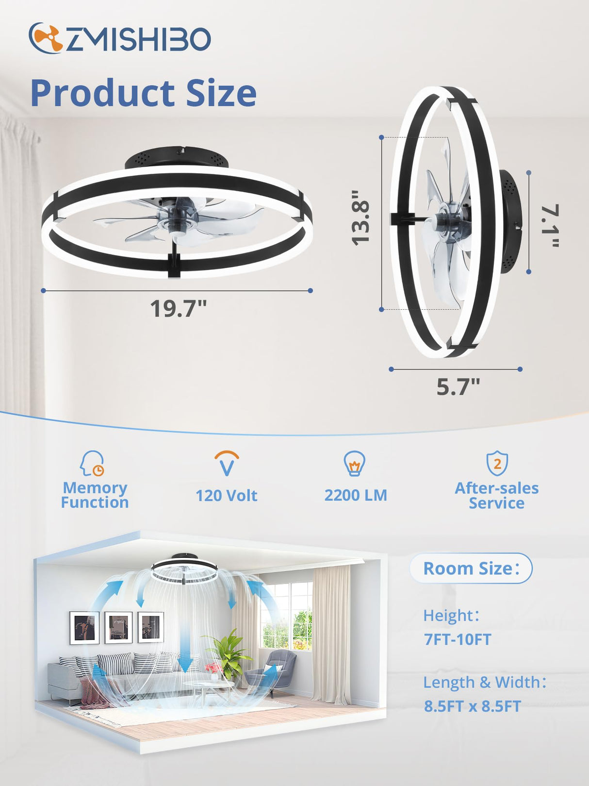 ZMISHIBO Ceiling Fans with Lights and Remote, 19.7'' Low Profile Ceiling Fans, 3000-6000K Dimmable Modern Flush Mount LED Fan Light, 6 Wind Speeds, Black Fandelier Ceiling Fans with Lights for Bedroom ZMISHIBO