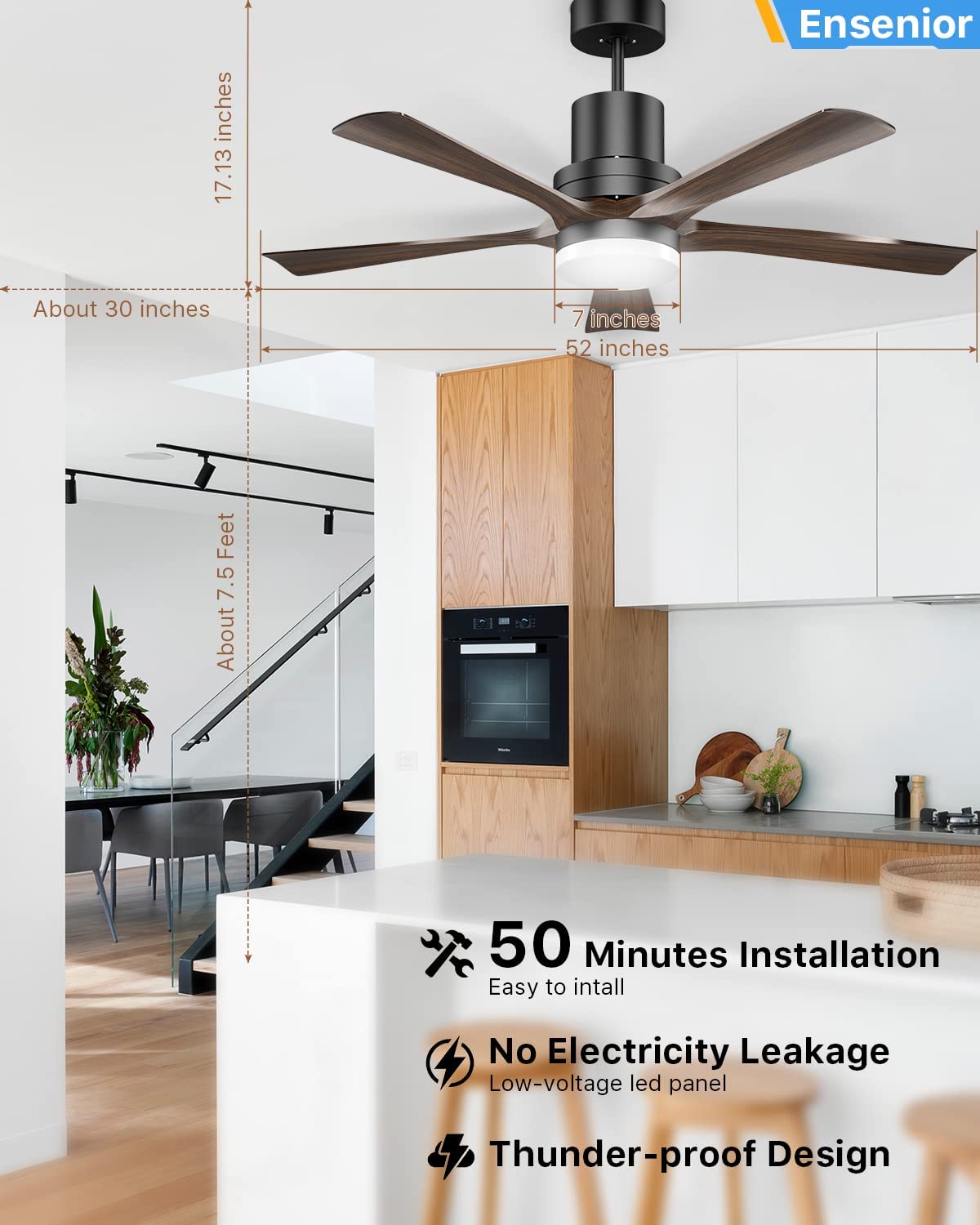 Ensenior 52” Ceiling Fan with Light Remote Control, 5CCT selectable, Dimmable, 1200 Lumens, 18W LED, 5 Wood Blades and Reversible DC Motor, for Bedroom and Living Room, Black, (428) - WoodArtSupply