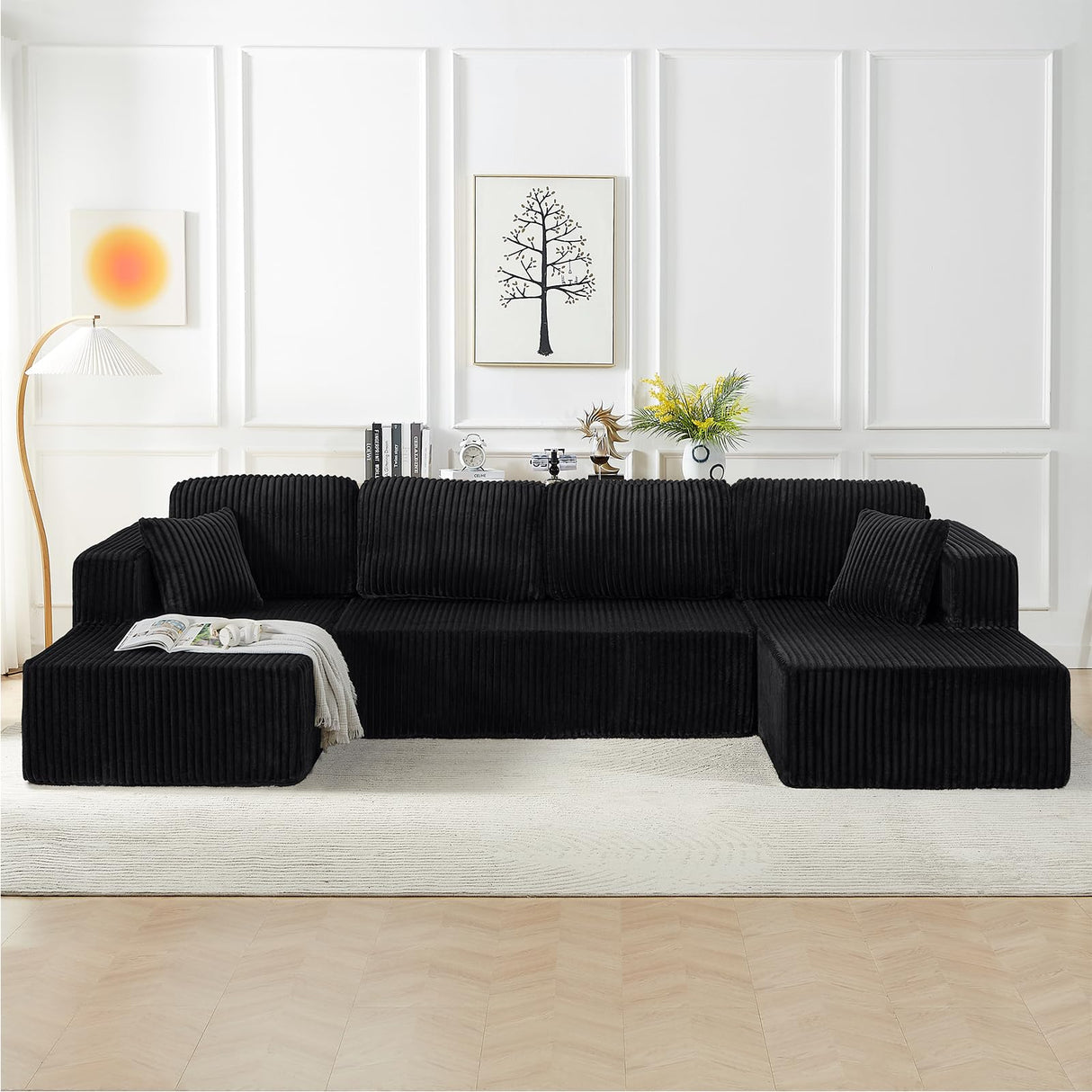 134 Inch Cloud Sectional Couch for Living Room,Corduroy Boneless Couches with L-Shape Chaise,Modern Modular Sectional Sofa with Deep Seat,No Assembly Required (Black, U-Shaped Sofa) ZKJOLMN