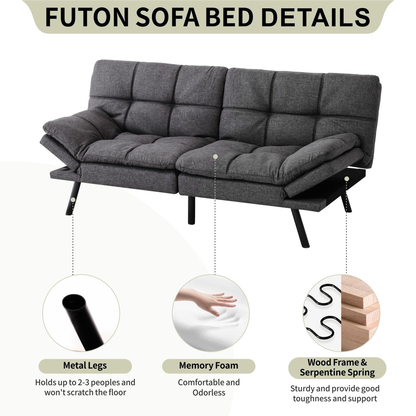 MUUEGM Memory Foam Futon Sofa Bed, Convertible Modern Couch Bed for Living Room,Compact Space,Apartment,Office,Adjustable Backrests Armrests Couch Sleeper,71" Loveseat, Charcoal Grey